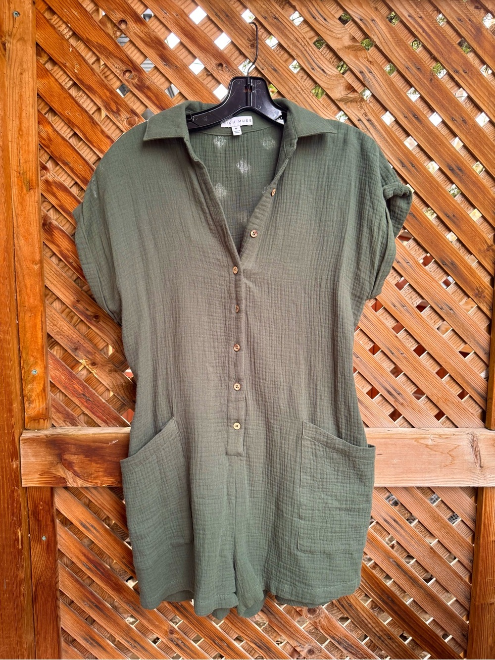 Button-Front Olive Green Short-Sleeve Romper with Pockets